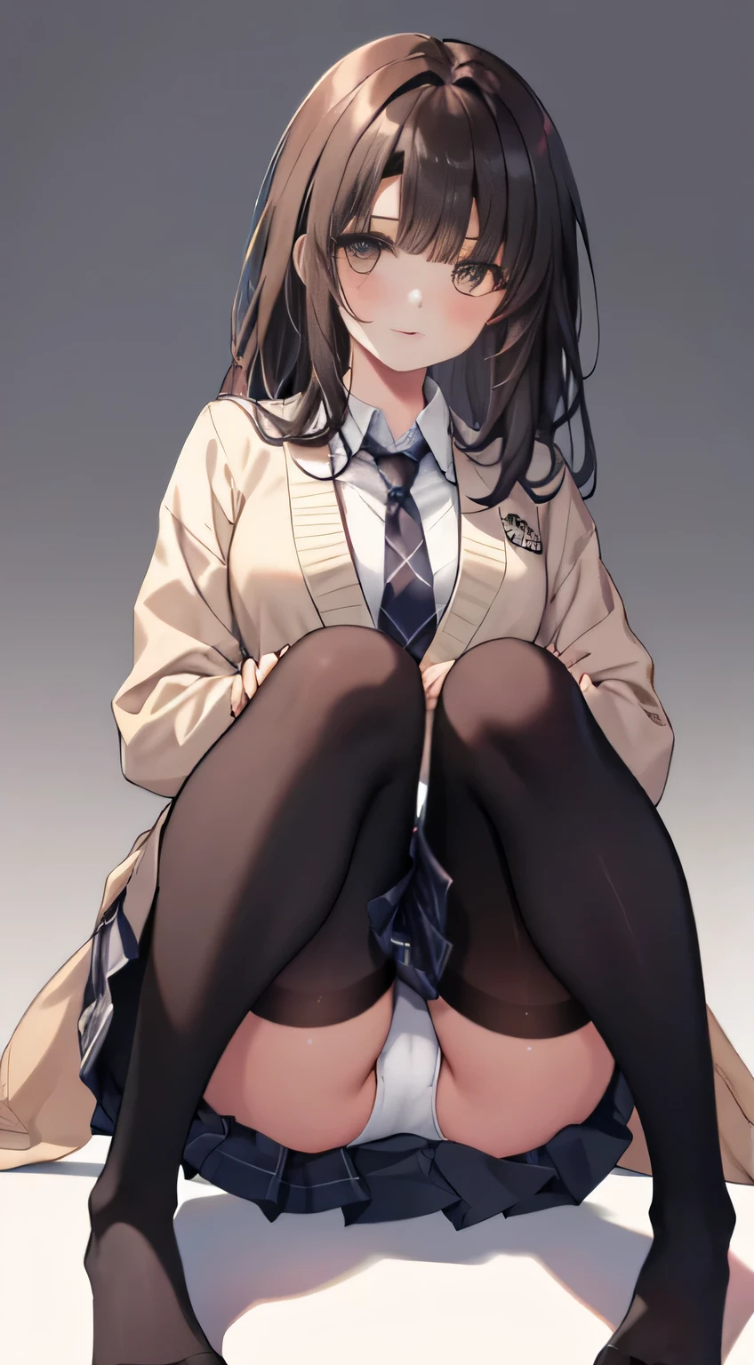 finest, masterpiece, High resolution, (Full body view from head to toe), front, Composition from slightly below the front, Symmetrical, 18 year old girl, alone, (whole body from head to toe), small breasts, brown hair, slightly messy hair, long hair, bangs, (black tights), ( (black pantyhose), black pantyhose, (squating pose), (bondage), (spread legs), (tie one&#39;s hands behind one&#39;s back), (Her legs are spread and her white panties are visible between her legs.), composition show me your white panties, slender beautiful legs, very beautiful 18 year old girl, (not wearing shoes), blush, shy big eyes, messy hair, looking at camera, show me your white panties, Hide your arms behind your back,  Blazer Uniform, plaid pleated skirt, beige cardigan