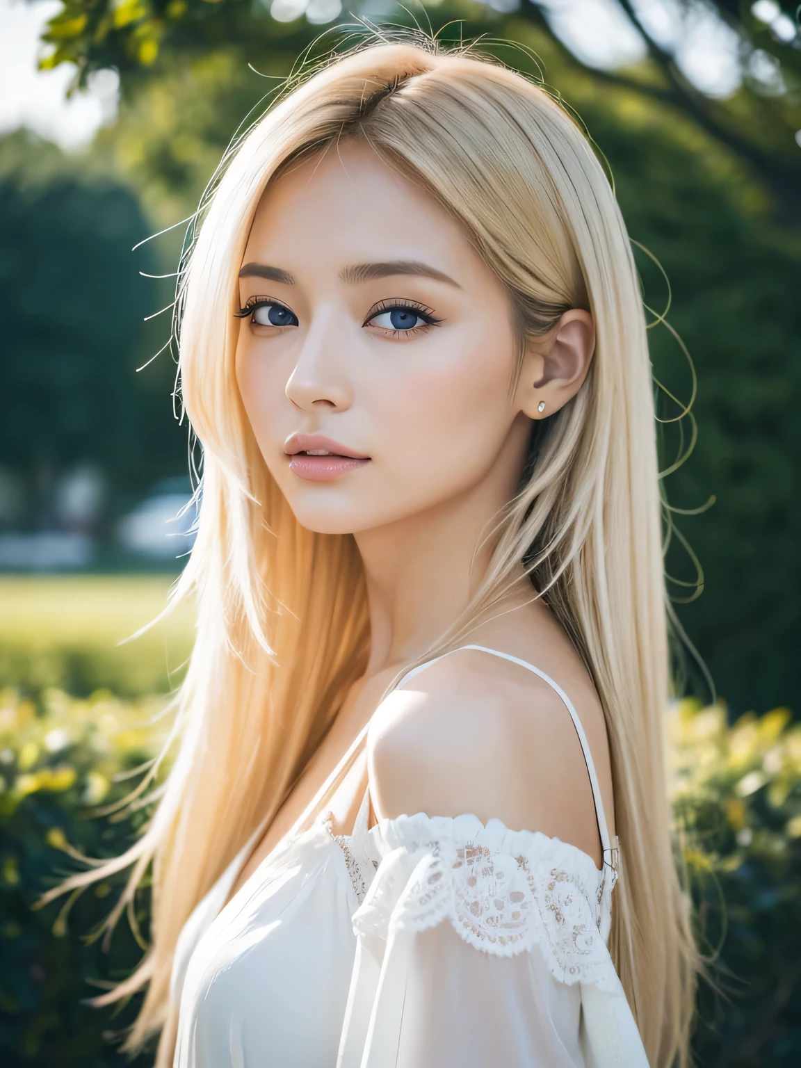 Photoréaliste d&#39;an incredibly beautiful woman with messy, windy blonde hair, dans le style du Panasonic Lumix S Pro 50mm f/1.4, light beige and dark azure, mashups d&#39;celebrity images, gentle realism, barbiecore, Unreal Engine 5, 32K UHD, light quality, Swiss realism, Niji 5