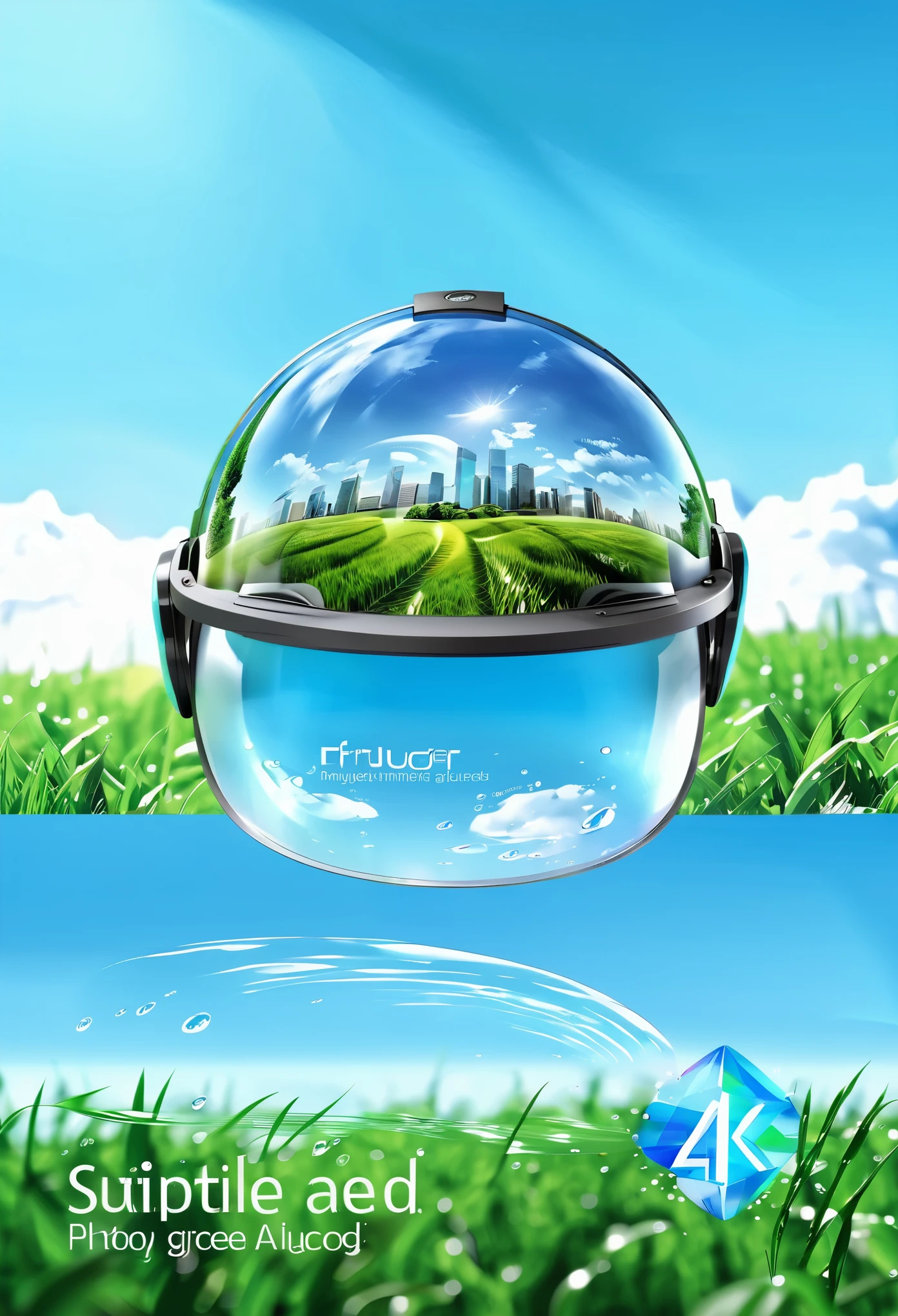 (best quality,4k,highres,masterpiece:1.2),ultra-detailed,(realistic,photorealistic,photo-realistic:1.37), Ad for virtual reality, Frutiger Aero aesthetic art with complex geometric 2D shapes, sunny blue sky, green field, futuristic background buildings, glossy material, virtual reality helmet, morphing water, Futuristic text font, English text, shades of white and blue, light background, highly detailed, 4K.