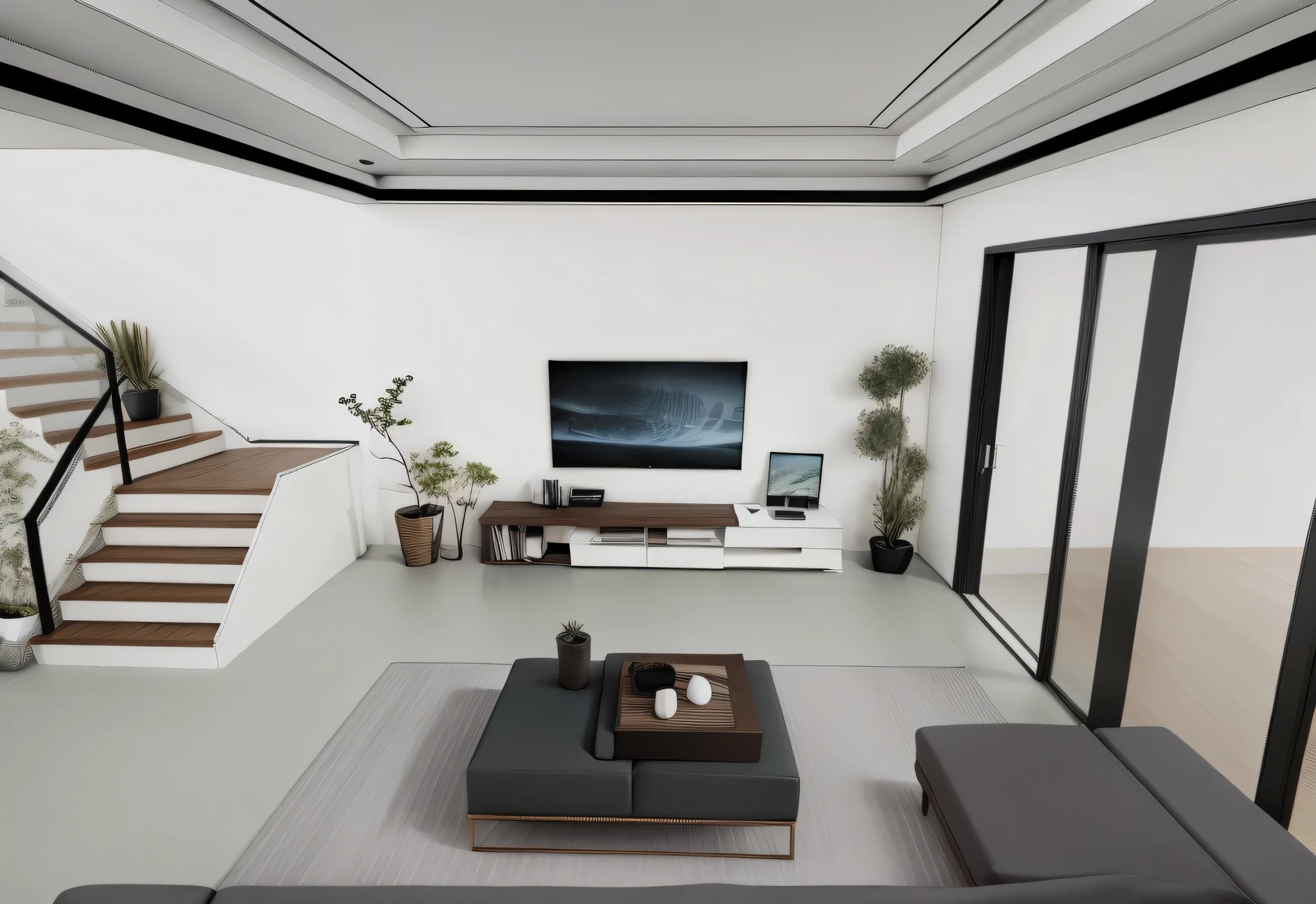 You are a renowned interior designer and have been commissioned to create a 3D image of a modern large room. Create a harmonious environment with modern and minimalist furniture. inclua algumas plantas interiores para dar um ar mais fresco.