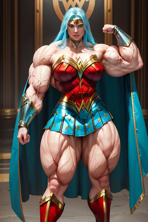 ((((Massive, tall, beautiful, buff, pale white skinned muscular woman with cyan hair, ginormous bulky muscles and wearing an all cyan Wonder Woman suit with pleated skirt and a cape)))), close view, ((massive muscle)), massive biceps, hyper muscle shoulders, massive muscle arms, vascular shoulders, hyper muscle triceps, (beachy long hair), purple eyes, superhero gauntlets, choker, ((in the mount Olympus)), superhero boots, confidant smile, night, hyper vascular arms, hyper muscles arms, hyper muscle legs, (ginormous arms), 