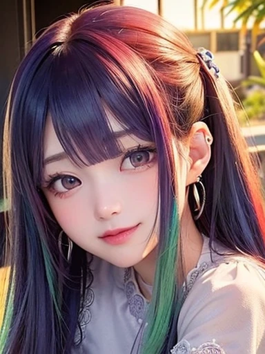 small face、 )Super detailed,bright colors, very beautiful detailed anime face and eyes, look straight,  shiny_skin,girl, (((rainbow colored hair, colorful hair, Half blue、half red hair: 1.2))), 、shiny hair, delicate beautiful face, blush、Glasses、(turquoise eyes), , Valletta, earrings,、（(flower garden、sunset、luxury hotel)）、((silver、translucent、short sleeve、Floral、lace blouse))、（twin tails）、（smile、sleepy face、Smile）、cheerful pose、dynamic、Upper body、