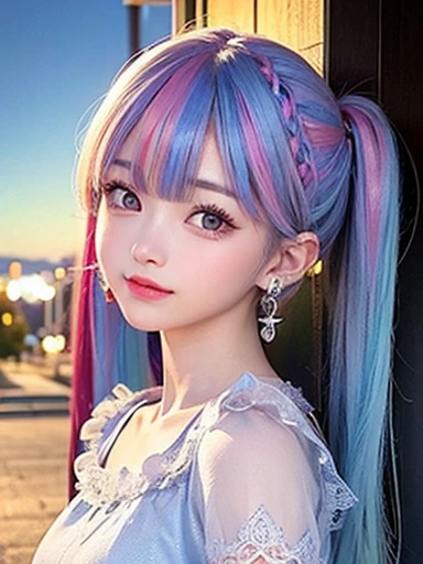 small face、 )Super detailed,bright colors, very beautiful detailed anime face and eyes, look straight, shiny_skin,girl, (((rainbow colored hair, colorful hair, Half blue、half red hair: 1.2))), 、shiny hair, delicate beautiful face, blush、Glasses、(turquoise eyes), , Valletta, earrings,、((flower garden、sunset、luxury hotel))、((silver、translucent、short sleeve、Floral、lace blouse))、(twin tails)、(smile、sleepy face、Smile)、cheerful pose、dynamic、Upper body、