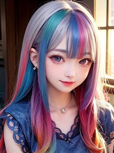 small face、 )Super detailed,bright colors, very beautiful detailed anime face and eyes, look straight,  shiny_skin,girl, (((rainbow colored hair, colorful hair, Half blue、half red hair: 1.2))), 、shiny hair, delicate beautiful face, blush、Glasses、(turquoise eyes), , Valletta, earrings,、（(flower garden、sunset、luxury hotel)）、((silver、translucent、short sleeve、Floral、lace blouse))、（twin tails）、（smile、sleepy face、Smile）、cheerful pose、dynamic、Upper body、