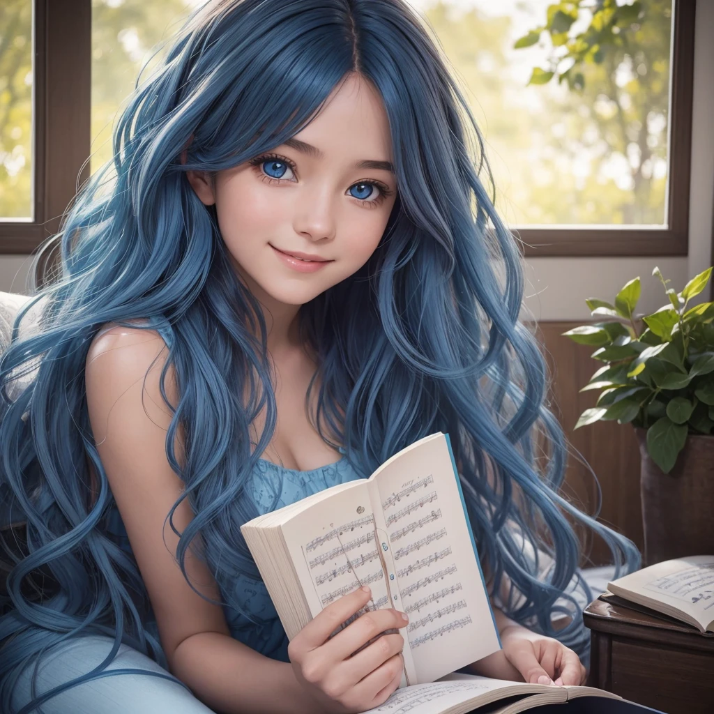 une jeune femme dans la vingtaine, with long wavy blue hair of a soft brown framing a delicate face. Ses grands yeux bleu. Her warm smile lights up her face and transmits positive energy. She writes her new musical ideas in a notebook.