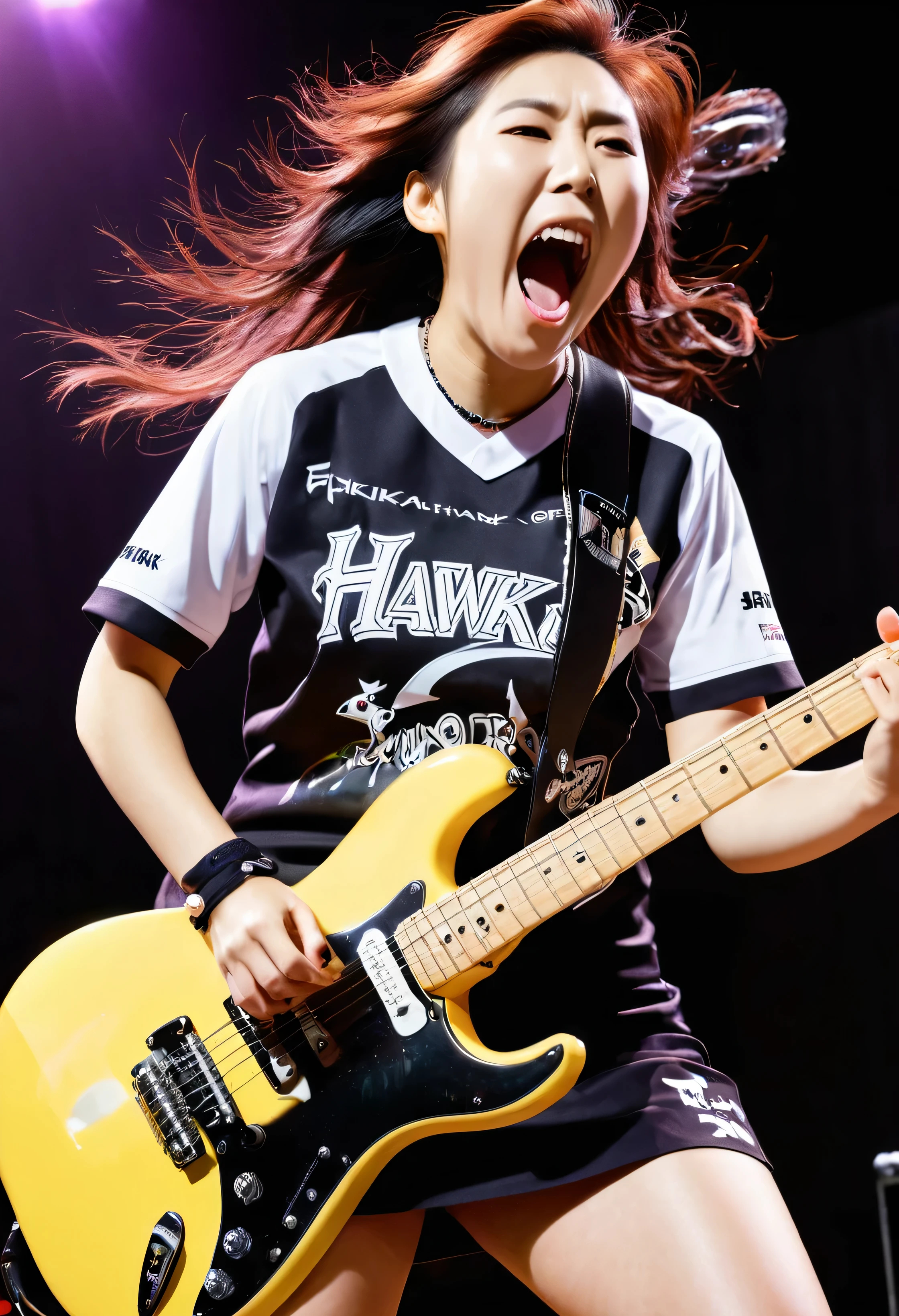 A vocalist of a girl band wearing a Fukuoka SoftBank Hawks baseball shirt and screaming while playing an electric guitar