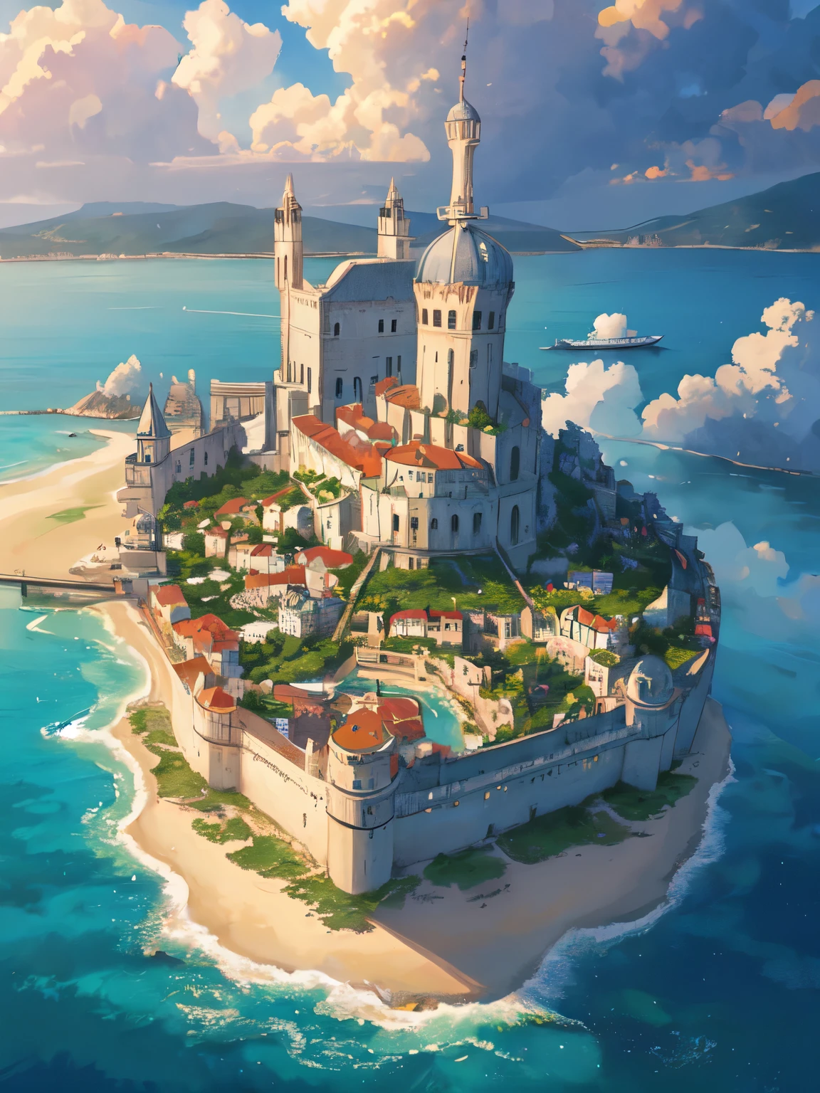 a  tower overlooking a sprawling city on an island with beaches and boats, highly detailed 4 k, very detailed, very intricate, realistic landscape, top down view. Stormy weather, a far view into the horizon, ships and boats. Wild landscape. A fishing village in the foreground with fishing boats being put out to sea. Long angle shot, natural landscape, beaches, forests, huge sprawling Greek city, in the style of a watercolor and ink drawing, (saturated pastel colors, colorful lighting:1.2), grey misty tones, beautiful lighting,  overhead, 