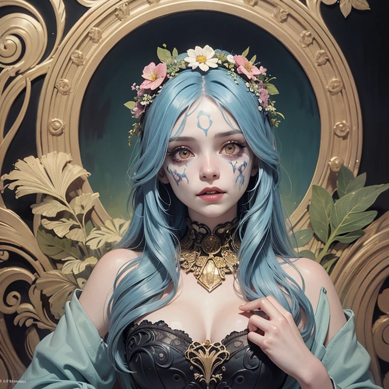 An ultrafine detailed watercolor painting of a gorgeous undead zombie with flowers in her hair, in the style of Alphonse Maria Mucha and Gustav Kilmt, art nouveau accents, (undead zombie:1.2), anthropomorphic female, female figure, detailed cover artwork, as the goddess of the flowers, Alphonse Mucha, Gustav Klimt, pale bluish skin, a marble sculpture, cgsociety, gothic art, art nouveau, behance contest winner