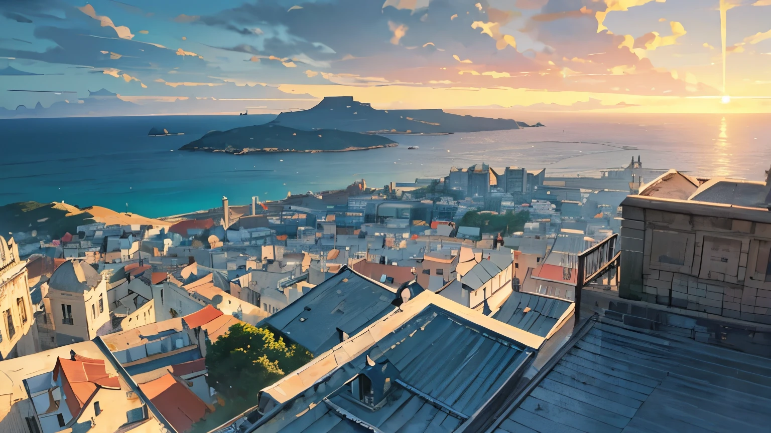 a tower overlooking a sprawling city on an island with beaches and boats, highly detailed 4 k, very detailed, very intricate, realistic landscape, top down view. Stormy weather, a far view into the horizon, ships and boats. Wild landscape. A fishing village in the foreground with fishing boats being put out to sea. Long angle shot, natural landscape, beaches, forests, huge sprawling Greek city, in the style of a watercolor and ink drawing, (saturated pastel colors, colorful lighting:1.2), grey misty tones, beautiful lighting, overhead, 
