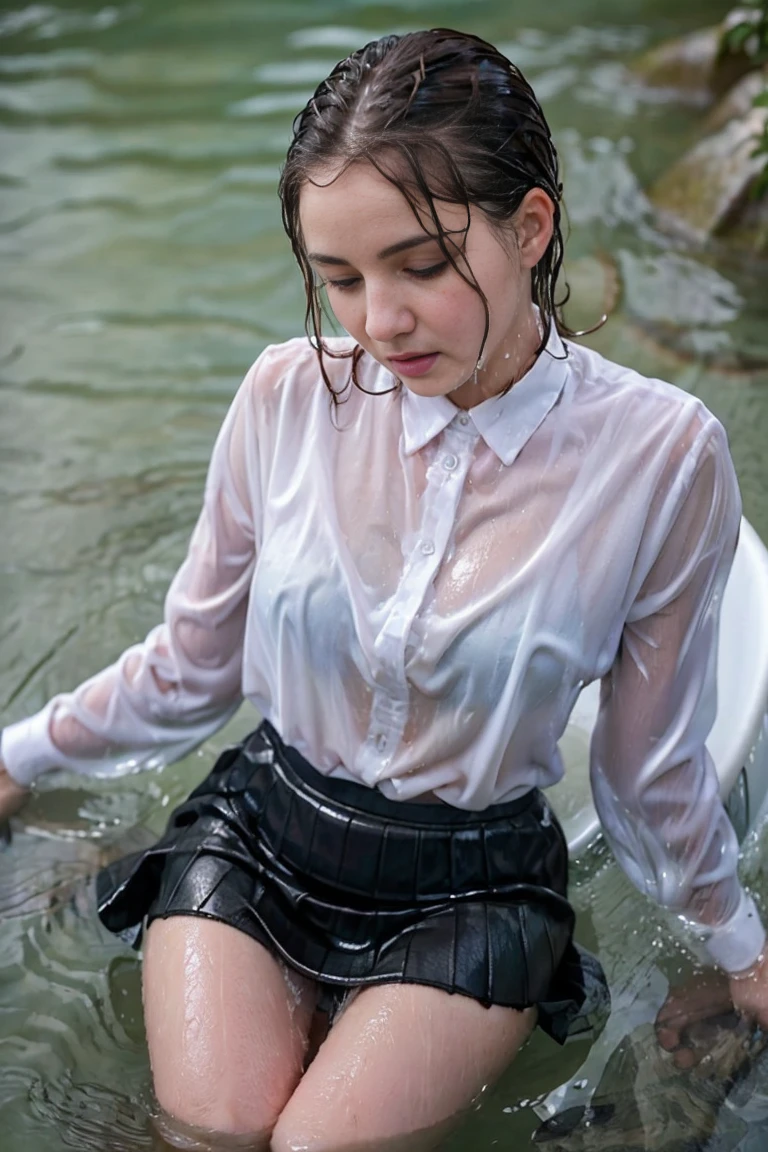 woman in a business suit is sitting in the water, dark woollen skirt, white collared shirt, closeup fantasy with water magic, beautiful maiden, tight clothing, wet clothing, realistic photography, dripping wet, in water up to her shoulders, beautiful realistic photo,  hyperrealist portrait in a river, fully clothed, cute shot, narrow depth of field, 8k,  drenched, ((soaked)), dripping water, dripping water, heavy clothes, soaked in water, wet all over, rouge lipstick, wet dripping hair, see through