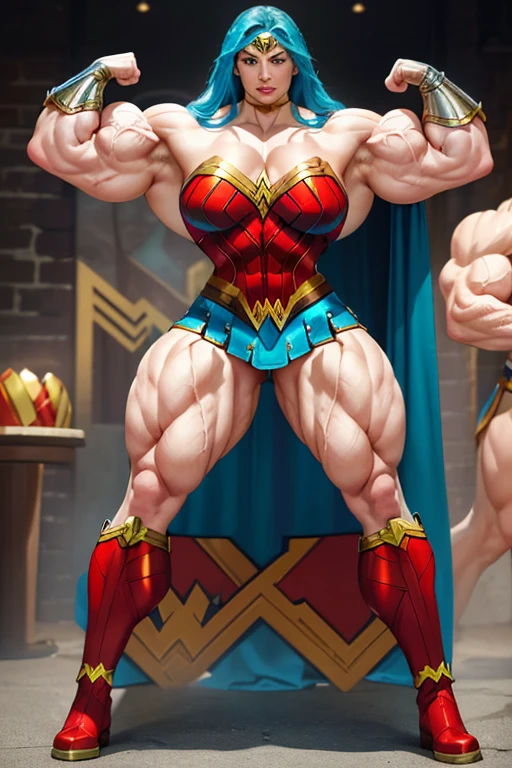((((Massive, tall, beautiful, buff, pale white skinned muscular woman with cyan hair, ginormous bulky muscles and wearing an all cyan Wonder Woman suit with pleated skirt and a cape)))), close view, ((massive muscle)), massive biceps, hyper muscle shoulders, massive muscle arms, vascular shoulders, hyper muscle triceps, (beachy long hair), purple eyes, superhero gauntlets, choker, ((in the mount Olympus)), superhero boots, confident smile, night, hyper vascular arms, hyper muscles arms, hyper muscle legs, (ginormous arms),