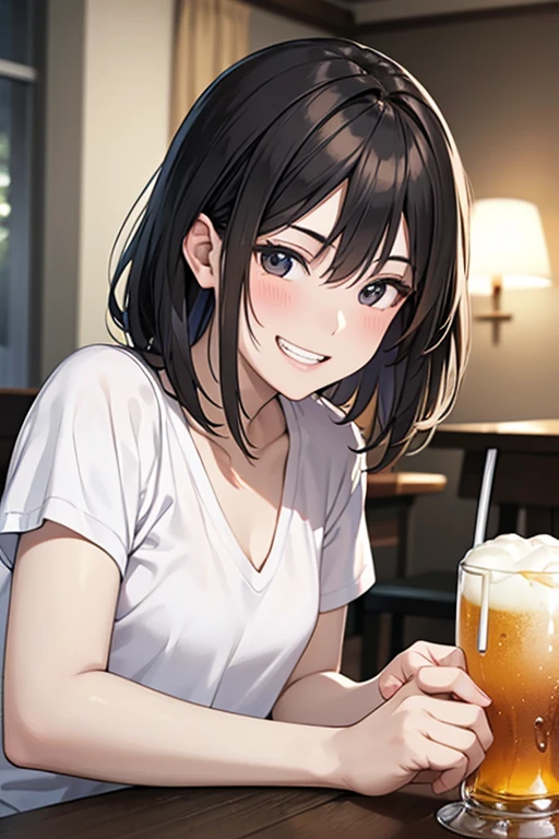 masterpiece, High resolution, High-definition CG Unity 8K,Beautiful and dense face, detailed hair texture, beautiful face,1 girl,(black eye),small breasts, (Very short、Shaggy brown hair), (Sitting on the floor in my room late at night),grin and laughning eyes,grin and laugh,distress,break,(Excited),(grin and laughning eyes),(grin and laugh),(distress),(At the pub table), (Drinking alcohol),(throw),(White V Neck T-Shirt),shorts,(Lie down on the table)