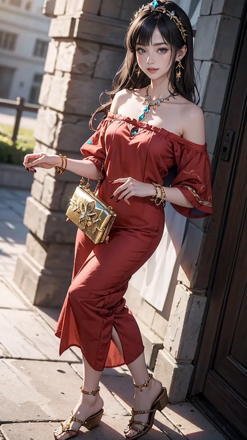 最high quality, 8K, masterpiece: 1.3, Ultra HD, high quality, 最high quality, High resolution, realism)) 、25 year old white woman、blue eyes、long hair、smile、slender、slenderだがアスリートのような細マッチョ、I don't want my head to disappear from the screen.、Wear accessories on your wrist、Wearing red nail polish、I have a peticure、aerial perspective((atmospheric perspective))、smile((smiley))、background blur((depth of field)、Wear a sheer, off-the-shoulder bodycon top、wear sandals、have a clutch bag、crystal earrings((crystal earrings))、long hair ((long hair))、Dark Blonde、Bangs at the parting((parted bangs))