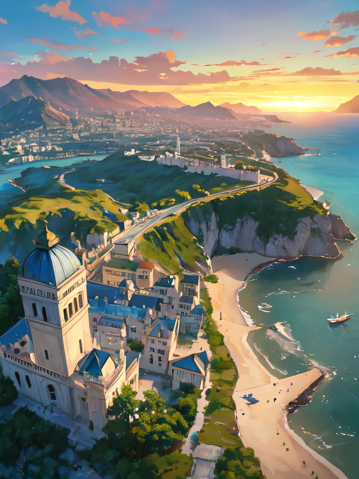 a  tower overlooking a sprawling city on an island with beaches and boats, highly detailed 4 k, very detailed, very intricate, realistic landscape, top down view. Stormy weather, a far view into the horizon, ships and boats. Wild landscape. A fishing village in the foreground with fishing boats being put out to sea. Long angle shot, natural landscape, beaches, forests, huge sprawling Greek city, in the style of a watercolor and ink drawing, (saturated pastel colors, colorful lighting:1.2), grey misty tones, beautiful lighting,  overhead, 
