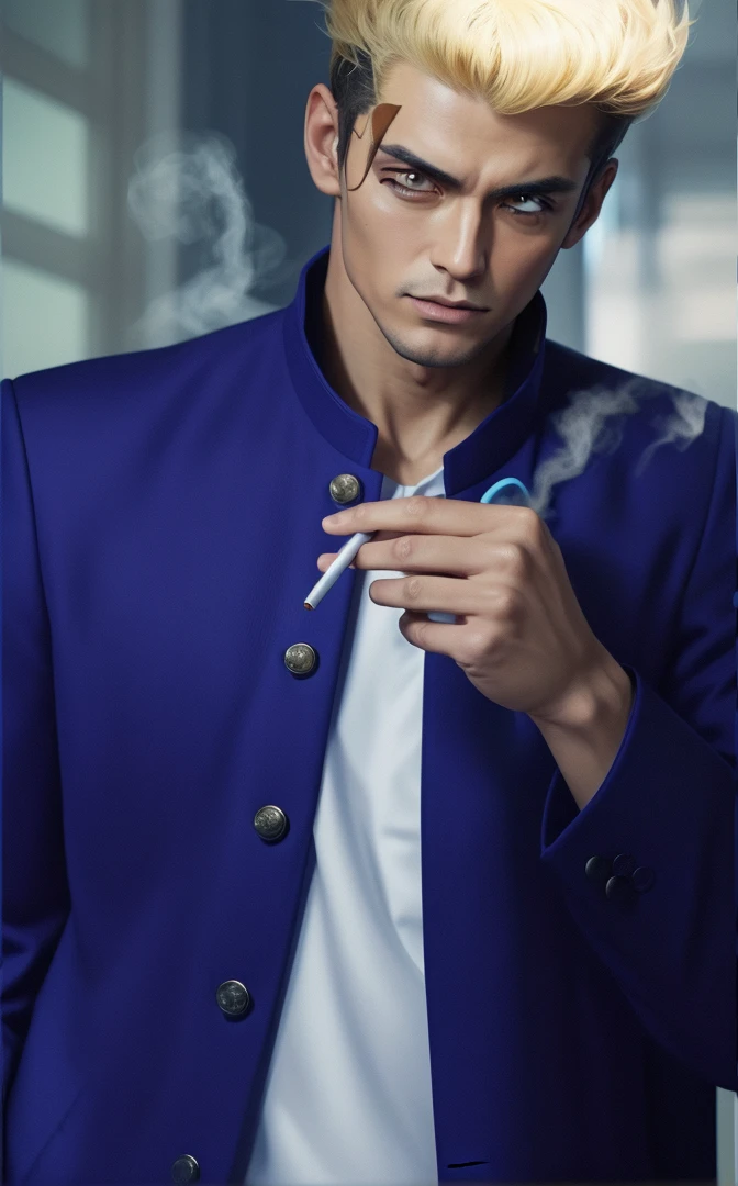 Portraitจริง shot of man in silk blue gakuran uniform with cigarett  ,It has a detailed modern and elegant office background.,  ) ,(best quality,4k,8k,height,Masterpiece:1.2),very detailed,(realistic,photorealistic,photo-realistic:1.37),HDR,UHD,studio lighting,ภาพที่very detailed,Sharp focus,Physical rendering,Very detailed explanation,professional,bright colors, ,Portrait, style,ไฟสำนักงานbright colors