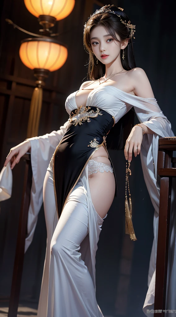 gufeng,bare shoulders, ((whole body)), ((from below)), ((gufeng,bare shoulders)), clear face, pretty face, 8k, masterpiece, original photo, best quality, detail:1.2,lifelike, detail, Very detailed, CG, Unite, wallpaper, depth of field, movie light, lens flare, Ray tracing, (extremely beautiful face, beautiful lips, beautiful eyes), complex, detail's face, ((ultra detailed skin)), 1 girl, in the darkness, deep shadow, beautiful korean girl, kpop idol,(Very slim figure:1.3), plump breasts, Slender sexy legs, elegant posture, (bright smile), (City night, (neon lights), (night), beautiful korean girl, white diamond earrings, diameter bracelet, Dia Necklace, clear eyes, facing forward, (big eyes)