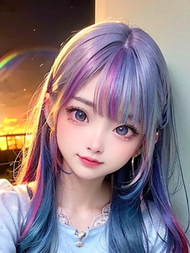 small face、 )Super detailed,bright colors, very beautiful detailed anime face and eyes, look straight,  shiny_skin,girl, (((rainbow colored hair, colorful hair, Half blue、half red hair: 1.2))), 、shiny hair, delicate beautiful face, blush、Glasses、(turquoise eyes), , Valletta, earrings,、（(flower garden、sunset、luxury hotel)）、((silver、translucent、short sleeve、Floral、lace blouse))、（twin tails）、（smile、sleepy face、Smile）、cheerful pose、dynamic、Upper body、