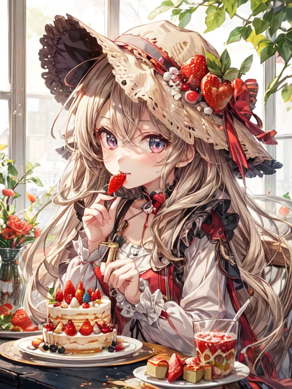 anime girl eating a cake with strawberries and strawberries on a table, anime visual of a cute girl, kawacy, splash art anime , cute anime girl, small curvy , , high quality anime artstyle, young anime girl, detailed key anime art, portrait of lolidetailed portrait of anime girl, beautiful anime portrait, clean detailed anime art