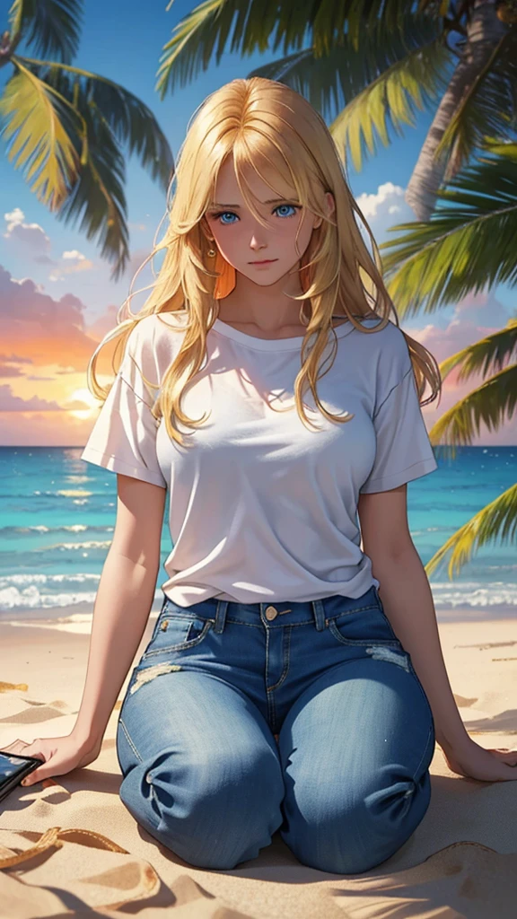 Sunset. a tropical beach. A beautiful golden-haired long-haired blonde with blue eyes is sitting on the sand on a deserted beach, she is dressed in jeans and a loose T-shirt, there is a 1 large suitcase next to her. She is upset, crying, and her phone is lying next to her on the sand . (Best Quality, Classifier, Rating:1.37),bright and saturated colors, Masterpiece, perfect image, realistic image, detailed study, full-length image, 8k, detailed image. an extremely detailed illustration, a real masterpiece of the highest quality, with careful drawing.