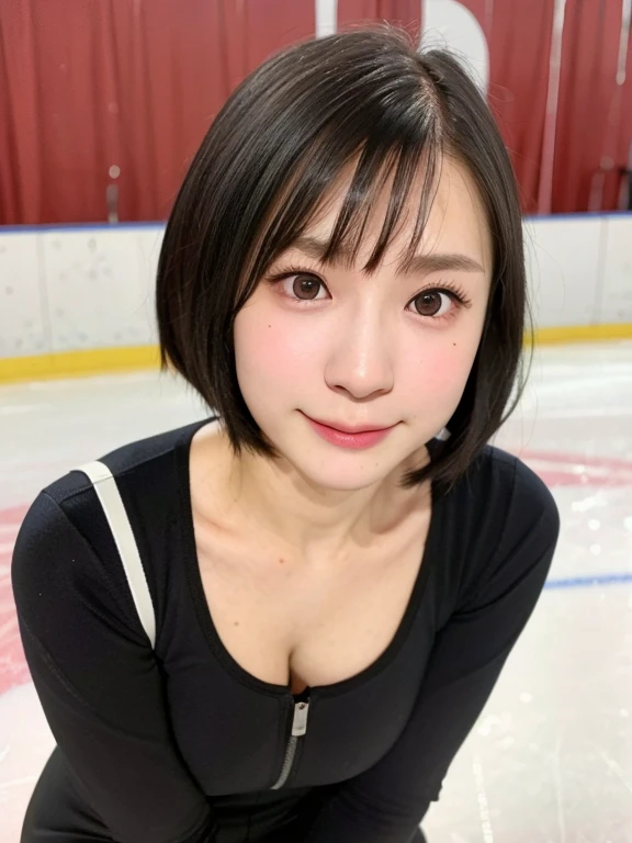 (kawaii 24 year-old Japanese girl, Nogizaka idol, Korean idol), healthy female athlete, figure skater, (glossy black hair, messy very short hair, messy pixie cut, symmetric hair length, even length hair edges:1.3), (bangs), (rounded face, black eyes, single eyelid, no makeup, soft smiling:1.2), (wearing long sleeved black training half zip tops:1.3), (flat , extra small :0.8), black sports leggings, (thigh gap), (looking at viewer:1.2), BREAK, (ice skate arena background:1.3), (dynamic angle:1.3), thigh focus, BREAK, (masterpiece, best quality, photo realistic, official art:1.4), (UHD, 8K quality wallpaper, high resolution, raw photo, golden ratio:1.2), (shiny skin), professional lighting, physically based rendering, award winning, (perfect , highly detailed skin, extremely detailed face and eyes), Carl Zeiss 300 mm F/2.8, depth of field, 1girl, solo,