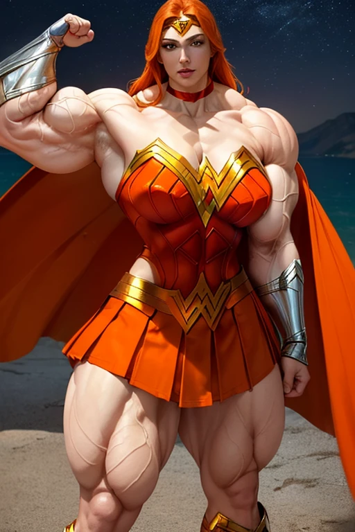 ((((Massive, tall, beautiful, buff, pale white skinned muscular woman with orange hair, ginormous bulky muscles and wearing an all orange Wonder Woman suit with pleated skirt and a cape)))), close view, ((massive muscle)), massive biceps, hyper muscle shoulders, massive muscle arms, vascular shoulders, hyper muscle triceps, (shaggy long hair), green eyes, superhero gauntlets, choker, ((in the mount Olympus)), superhero boots, confident smile, night, hyper vascular arms, hyper muscles arms, hyper muscle legs, (ginormous arms), 