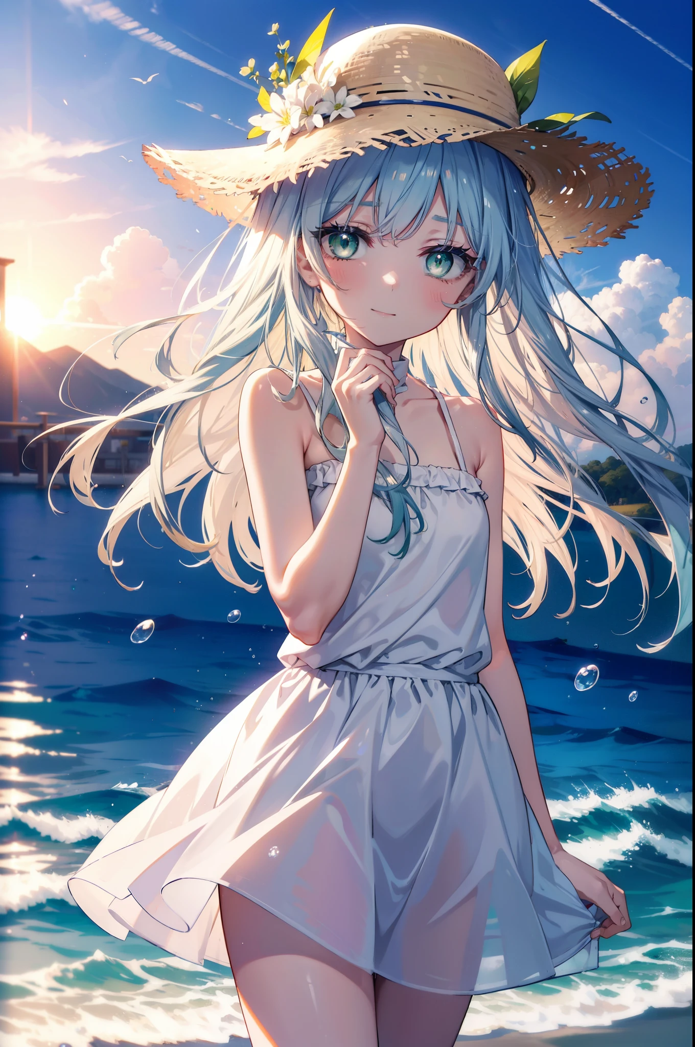 index, index, (green eyes:1.5), silver hair, long hair, (flat chest:1.2),straw hat,白色ロングskirt一体型ワンピース,barefoot,skirt裸の腕,happy smile, smile, open your mouth,skirt,beachのsandy beachを散歩しながら、Silver hair fluttering in the breeze, sunset,evening,The sun is setting,
break looking at viewer, Upper body, whole body,(cowboy shot:1. 5)
break indoors, beach,sandy beach,
break (masterpiece:1.2), highest quality, High resolution, unity 8k wallpaper, (figure:0.8), (detailed and beautiful eyes:1.6), highly detailed face, perfect lighting, Very detailed CG, (perfect hands, perfect anatomy),