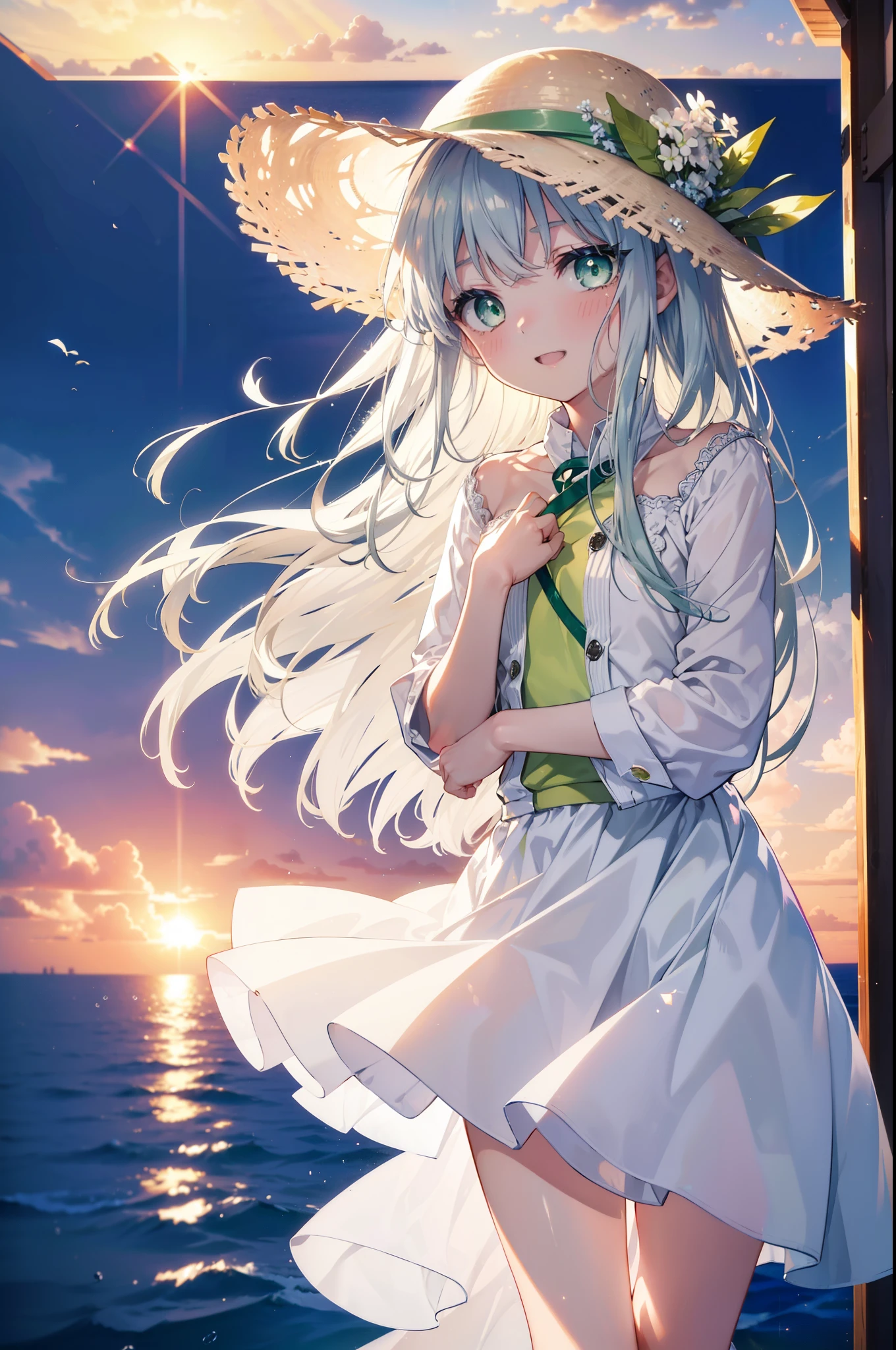 index, index, (green eyes:1.5), silver hair, long hair, (flat chest:1.2),straw hat,白色ロングskirt一体型ワンピース,barefoot,skirt裸の腕,happy smile, smile, open your mouth,skirt,beachのsandy beachを散歩しながら、Silver hair fluttering in the breeze, sunset,evening,The sun is setting,
break looking at viewer, Upper body, whole body,(cowboy shot:1. 5)
break indoors, beach,sandy beach,
break (masterpiece:1.2), highest quality, High resolution, unity 8k wallpaper, (figure:0.8), (detailed and beautiful eyes:1.6), highly detailed face, perfect lighting, Very detailed CG, (perfect hands, perfect anatomy),