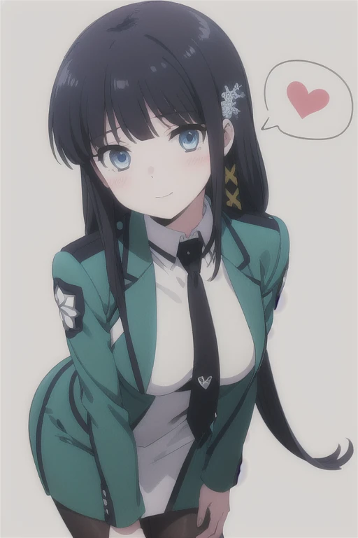 1 girl, alone, masterpiece, highest quality,
The Irregular at Magic High School, Miyuki Shiba, shiba miyuki, black eye, blue eyes, tsurime, eyelash, black hair, long hair, princess cut, straight hair, dull bangs, blunt end, side lock, hair ornaments, snowflake hair ornaments, initial height , dress, white dress, collared dress, pencil dress, tie, black tie, short tie, Jacket, green Jacket, cropped Jacket, open Jacket, long sleeve, large chest, pantyhose, chest,
cowboy shot, leaning forward, V arm, From above, look up, looking at the viewer,
blush, light smile,
simple background, white background, heart background, heart, spoken heart
