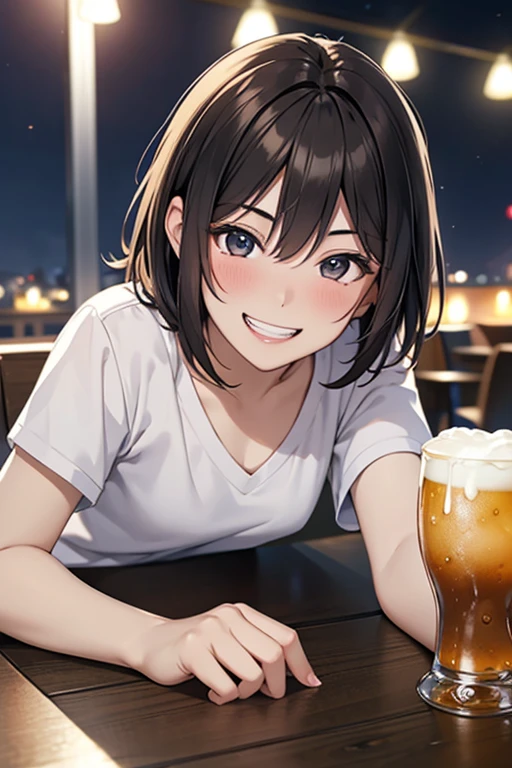 masterpiece, High resolution, High-definition CG Unity 8K,Beautiful and dense face, detailed hair texture, beautiful face,1 girl,(black eye),small breasts, (Very short、Shaggy brown hair), (at night),grin and laughning eyes,grin and laugh,distress,break,(Excited),(grin and laughning eyes),(grin and laugh),(distress),(At the pub table), (Drinking alcohol),(throw),(White V Neck T-Shirt),shorts,(Lie down on the table),nose blush