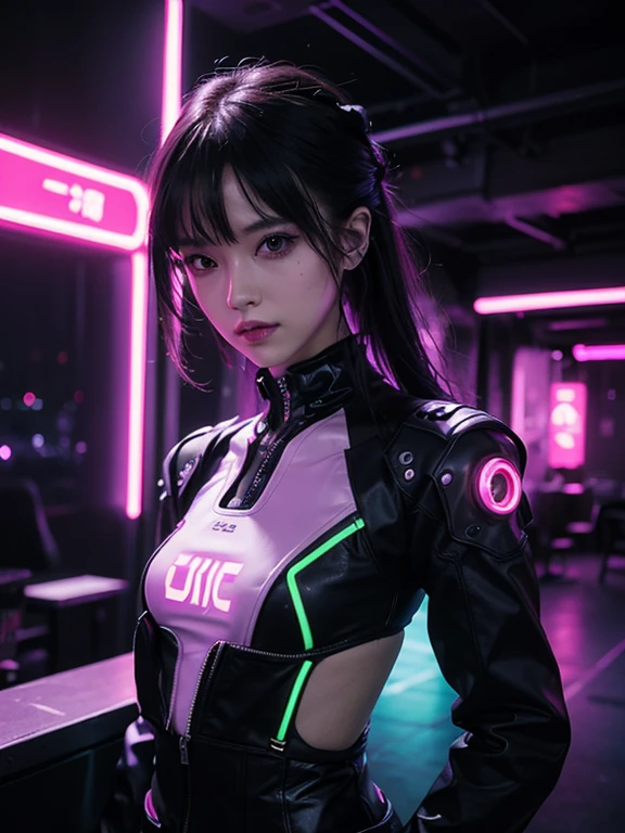 1 girl, ライトブルー neon ,Female Android, dance, cyber punk, club music,dim lighting, neon signs,fc portrait, neon,cyber punk, futuristic ,EDM,Club Music,