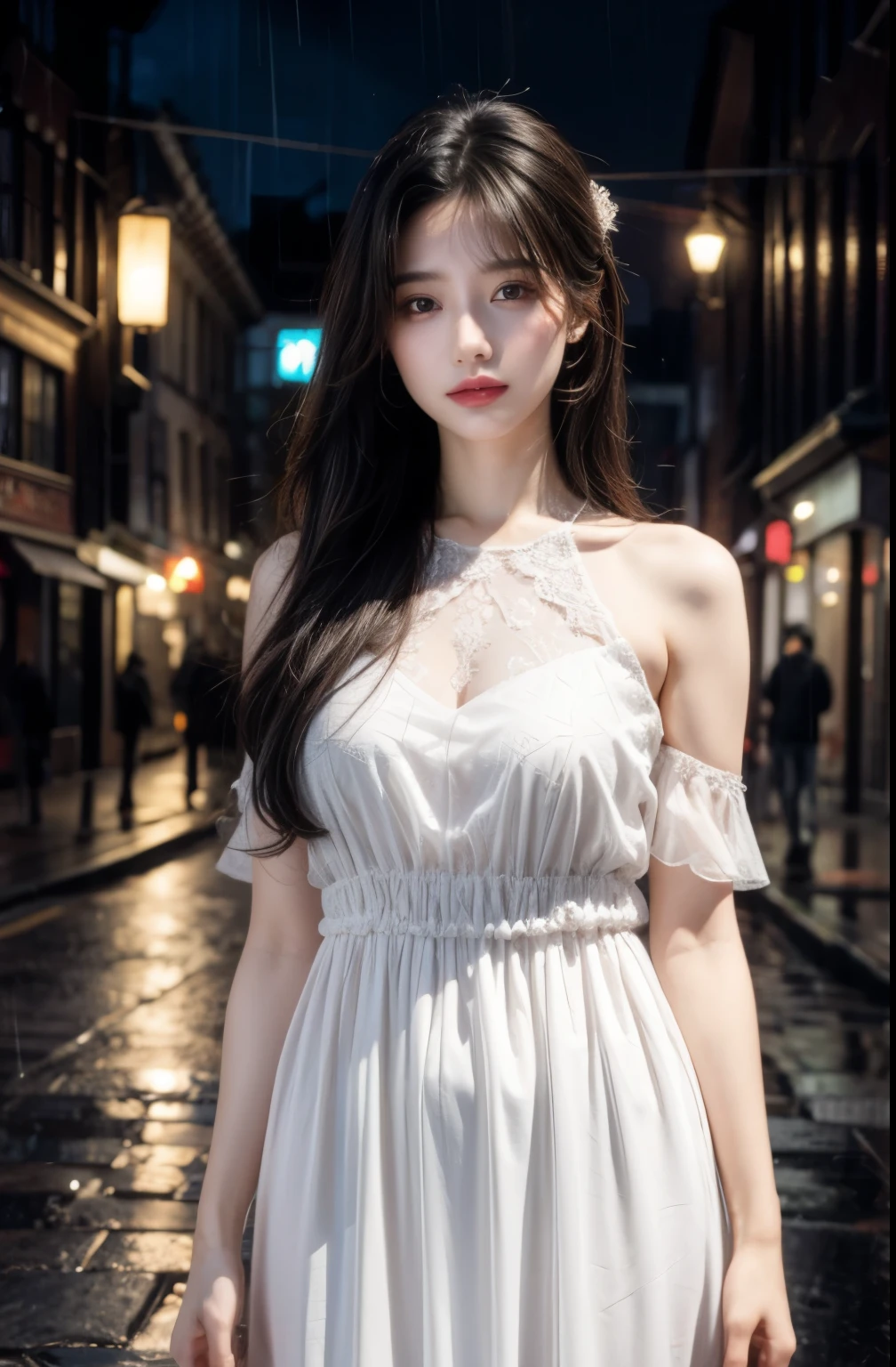 ((Best quality, 8k, lace maxi dress, standing in the rain, red light district, highly detailed face and skin texture, detailed eyes, double eyelids.)