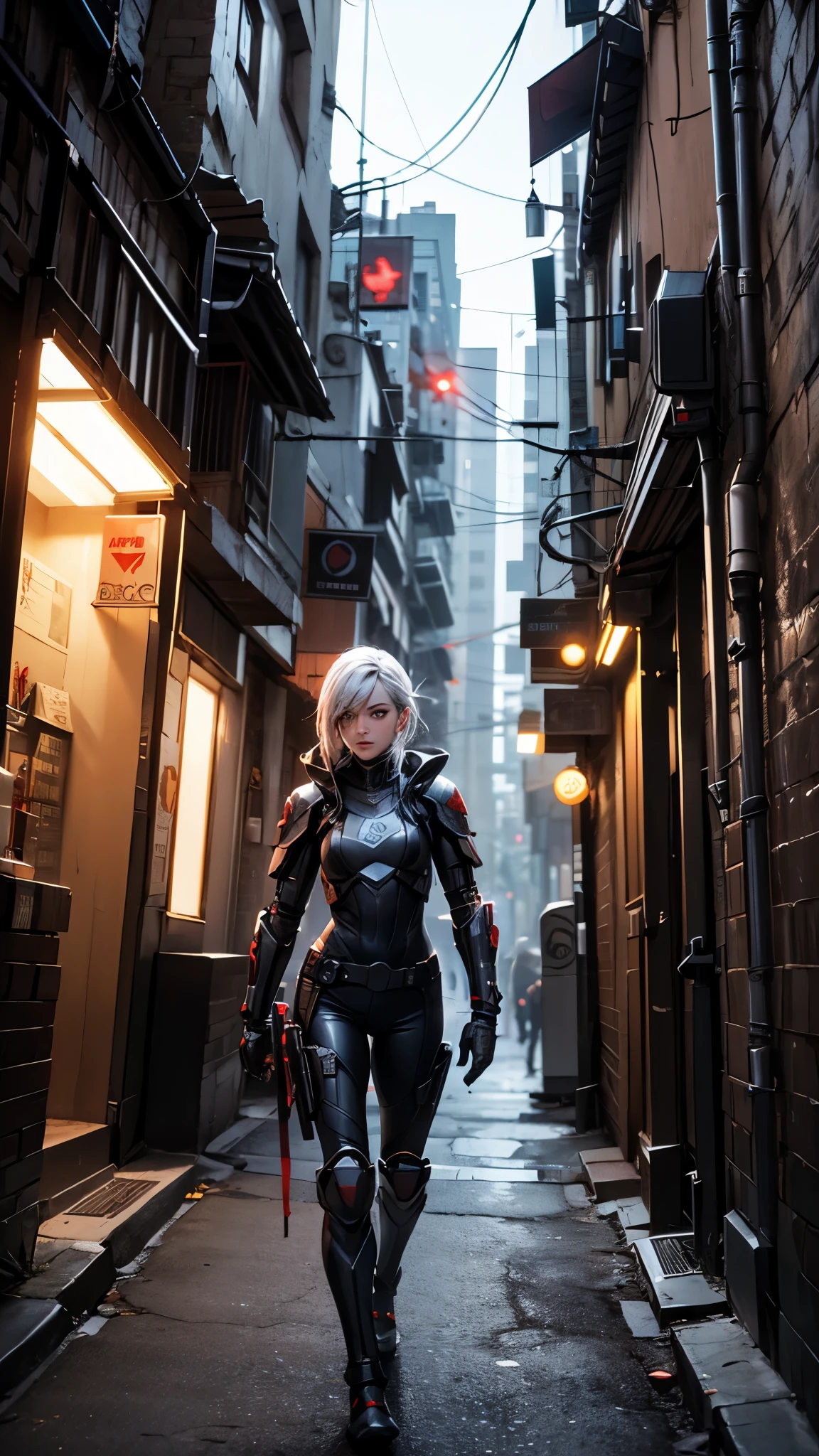 A compassionate cyberpunk paladin with a cybernetic eye, offering aid to the wounded in a dark alleyway of a futuristic city.