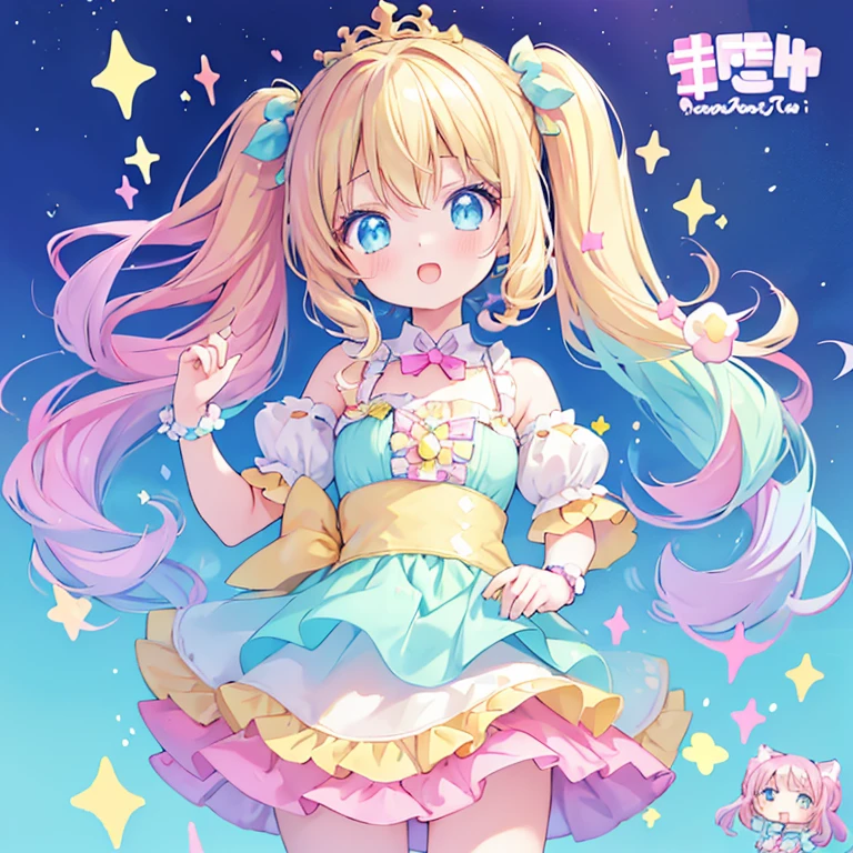 masterpiece, (2girls and 2girls and 2girls and 2girls), idol, closeup, big eyes, kawaiitech, kawaii, cute, pastel colors, best quality, happy, deep background, symmetrical, tilted head, summer, cover, title