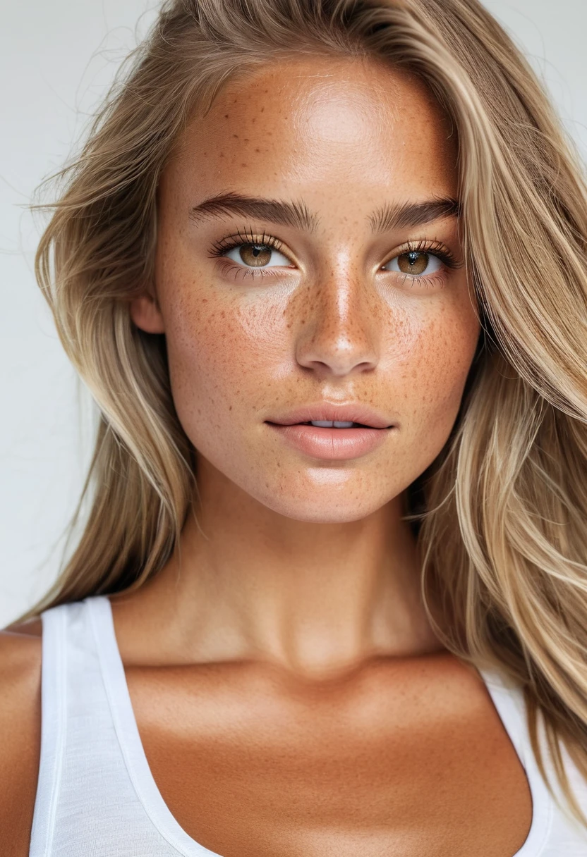 Supermodel, Brazilian, tanned, brown eyes, whole body shot, long dark blonde hair, white background, beautiful , natural beauty, no makeup, model, realistic, natural, textured skin, freckles on nose, zoomed out, black tank top,