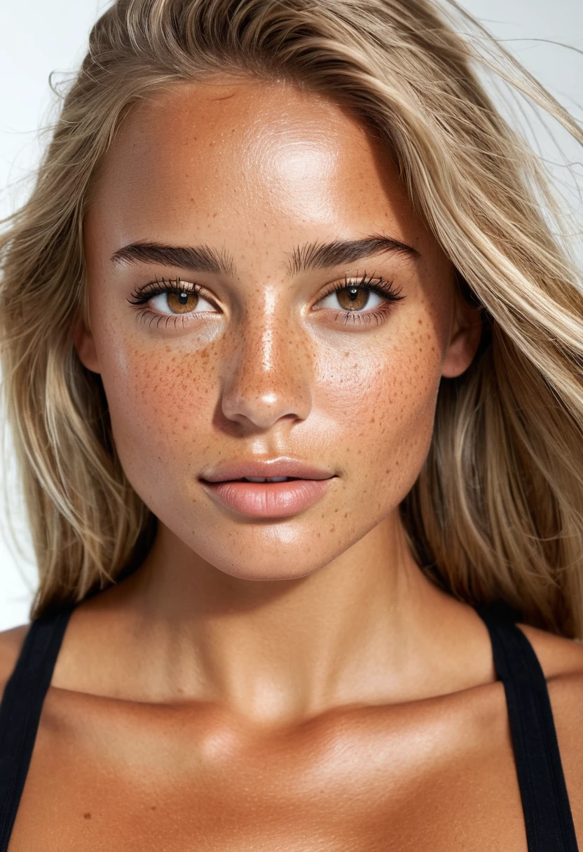 Supermodel, Brazilian, tanned, brown eyes, whole body shot, long dark blonde hair, white background, beautiful , natural beauty, no makeup, model, realistic, natural, textured skin, freckles on nose, zoomed out, black tank top, 