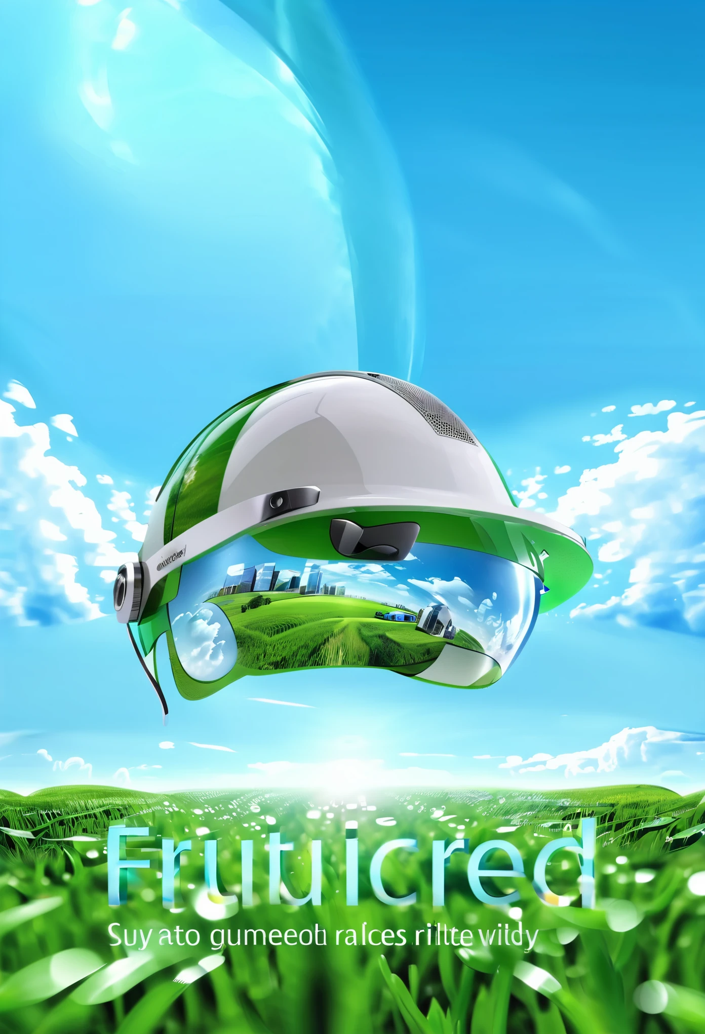 (best quality,4k,highres,masterpiece:1.2),ultra-detailed,(realistic,photorealistic,photo-realistic:1.37), Ad for virtual reality, Frutiger Aero aesthetic art with complex geometric 2D shapes, sunny blue sky, green field, futuristic background buildings, glossy material, virtual reality helmet, morphing water, Futuristic text font, English text, shades of white and blue, light background, highly detailed, 4K.