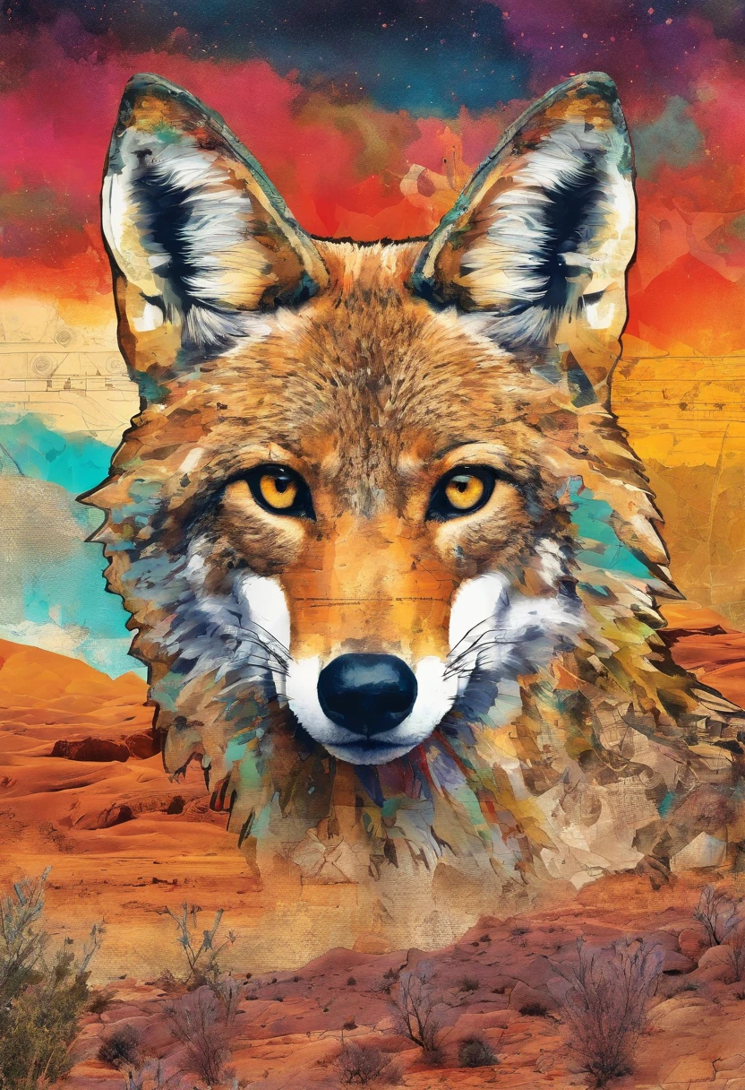 Coyote malicieux, desert ::2 colorful ink painting ::2 art fantasy