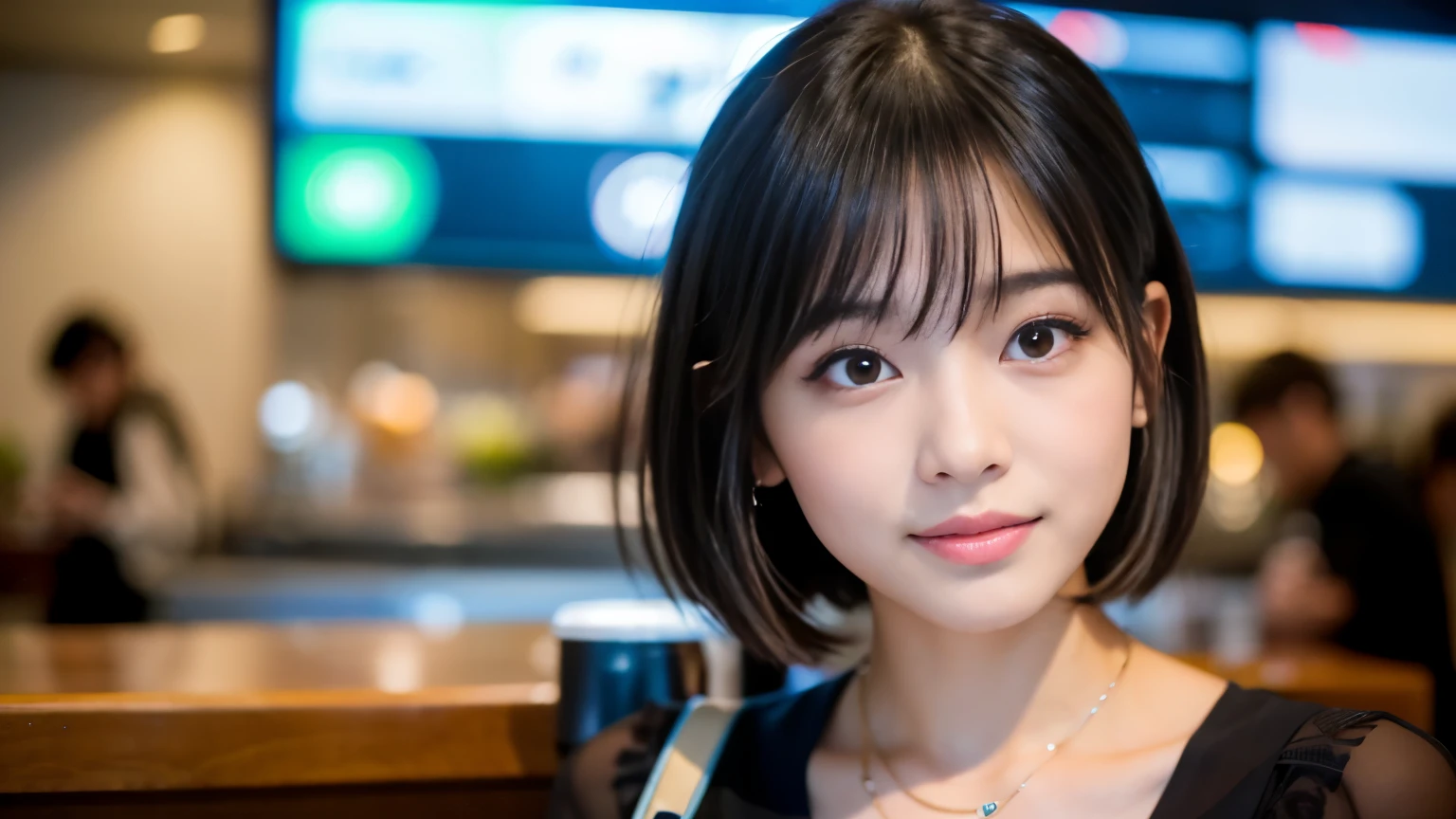 highest quality, masterpiece, ultra high resolution, (realistic:1.4), Raw photo, (18 year old female), At the airport cafe terrace, (An 18-year-old girl, most famous japanese idol, (Before leaving for overseas travel), (very beautiful black hair shortcut), Very cute face like the most popular Japanese idol, ((very beautiful big black eyes)), very beautiful lips, very beautiful skin, very beautiful long eyelashes, slender body),
At the airport cafe terraceフライト待ち, (A stylish cafe at the airport), Neat clothes,