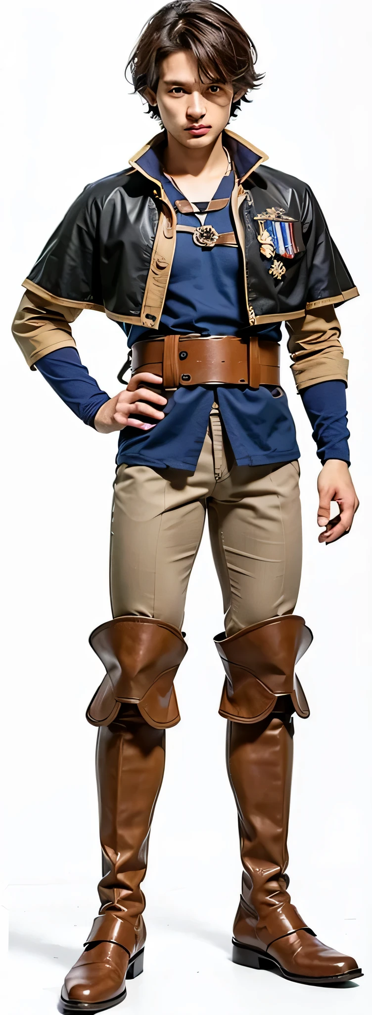 blue beige shirt, brown belt, beige trouser, brown boots, brown hair, black cape, masculine face