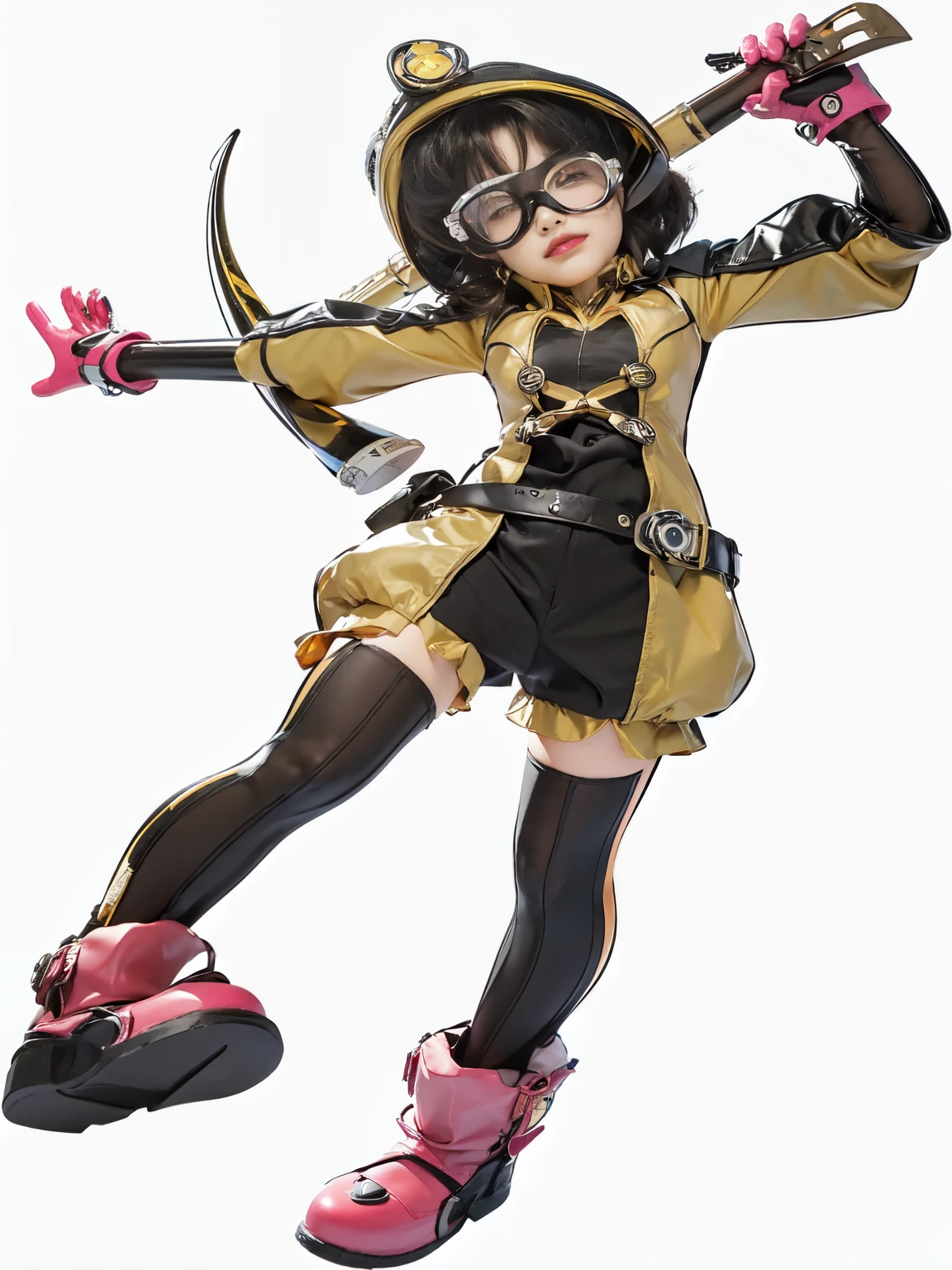 A girl with black short hair wearing a yellow dress, pink gloves, and pink shoes, with glasses on her face. She is holding a sickle in her hand. The artwork depicts her in the best quality, with a resolution of 8k, creating a masterpiece. The image is visually striking, vibrant, and highly detailed, with a realistic and photorealistic portrayal. The focus is on her face, highlighting every intricate detail. The image is a masterpiece that has won multiple awards and is created by a professional artist. The portrait is captured with a Sony a7IV camera and a Sigma 50mm f1.4 lens, ensuring ultra-realistic and high-quality photography.