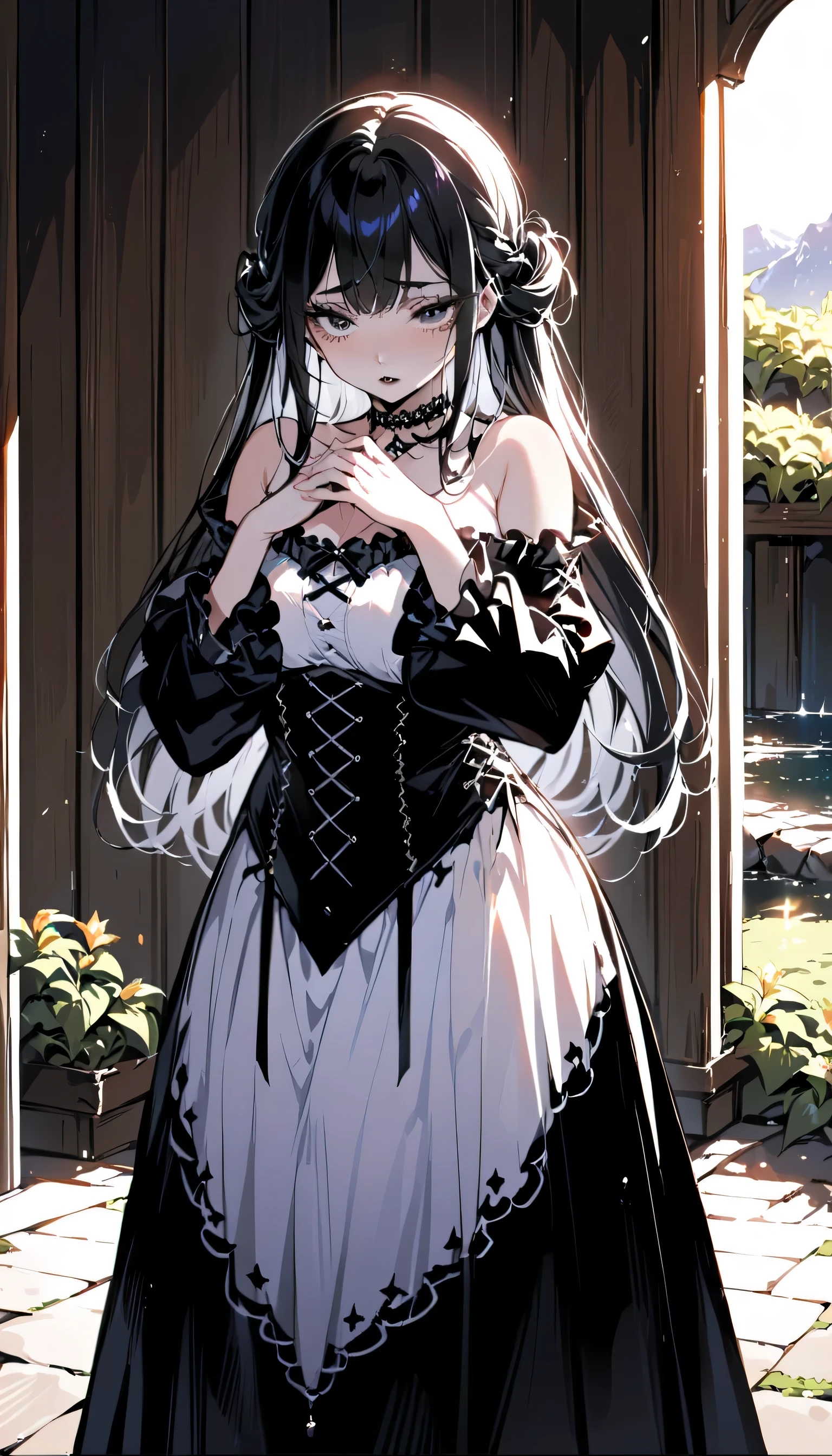 (masterpiece:1.2), (highest quality:1.2), perfect eyes, perfect face, perfect lighting, 1 girl, Mature female goth gal standing with both hands out in front of her, long hair, complicated hairstyle, compensate, black lips, thick eyelashes, sad, melancholy, Wearing a Goth Girl outfit, black and white dress, frills, ribbon, plump sleeves, bare shoulders, lace choker, jewelry, peaceful, quiet, Chill, detailed outdoor background, beautiful scenery, fantasy, summer, Sunny, sunburned, flowers, wood  