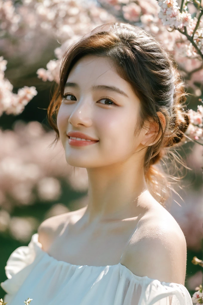 ( masterpiece, top quality, best quality,8k,17 years old girl,ultra detailed,raw photo:1.5),(photorealistic:1.4),(cinematic lighting), PerfectNwsjMajic, , Surrealism, UHD, ccurate, Super detail, textured skin, High detail, Best quality, dynamic angle, (high nose,White skin),[Beautiful blue eyes],[flat chest:large breasts:0.5],(1girl),(good anatomy:0.5)), white dress, off shoulder, blossom flower field, glowing skin, light smile