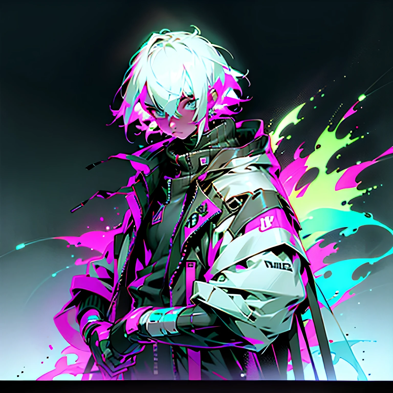 {Boy}, {white hair},{short hair},{hansome} ,{wearing cyberpunk hoodie}, {full body angle view}, {neon lights},{on top of a building},{fine} {choice} {top-grade} {exceptional} {first class} {superior} {superb} {splendid}, {out-and-out} {absolute} {model} {complete} {ideal} {faultless} {Ultra HD} {UHD} {UHDTV} {and 4K}, neon_pop art style, midjourney,