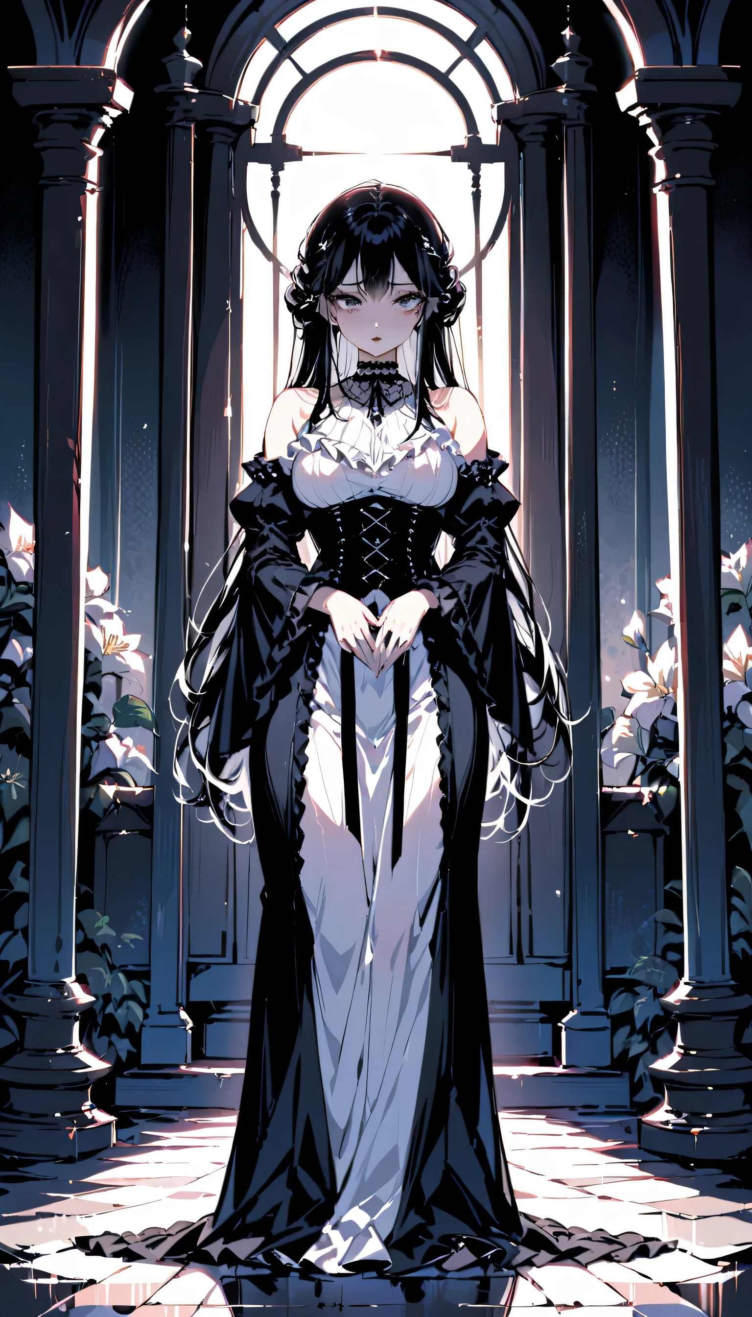 (masterpiece:1.2), (highest quality:1.2), perfect eyes, perfect face, perfect lighting, 1 girl, Mature female goth gal standing with both hands out in front of her, long hair, complicated hairstyle, compensate, black lips, thick eyelashes, sad, melancholy, Wearing a Goth Girl outfit, black and white dress, frills, ribbon, plump sleeves, bare shoulders, lace choker, jewelry, peaceful, quiet, Chill, detailed outdoor background, beautiful scenery, fantasy, summer, Sunny, sunburned, flowers, wood  