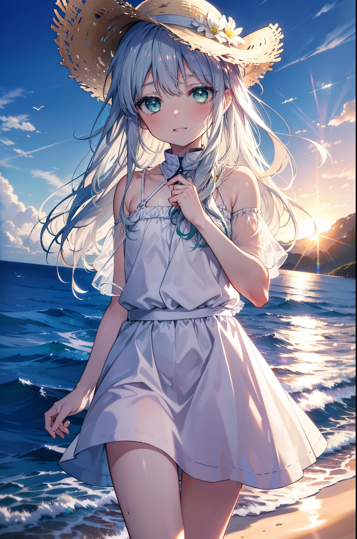 index, index, (green eyes:1.5), silver hair, long hair, (flat chest:1.2),straw hat,白色ロングskirt一体型ワンピース,barefoot,skirt裸の腕,happy smile, smile, open your mouth,skirt,beachのsandy beachを散歩しながら、Silver hair fluttering in the breeze, sunset,evening,The sun is setting,
break looking at viewer, Upper body, whole body,(cowboy shot:1. 5)
break indoors, beach,sandy beach,
break (masterpiece:1.2), highest quality, High resolution, unity 8k wallpaper, (figure:0.8), (detailed and beautiful eyes:1.6), highly detailed face, perfect lighting, Very detailed CG, (perfect hands, perfect anatomy),