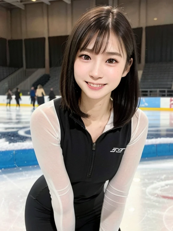 (kawaii 24 year-old Japanese girl, Nogizaka idol, Korean idol), healthy female athlete, figure skater, (glossy black hair, messy very short hair, messy pixie cut, symmetric hair length, even length hair edges:1.3), (bangs), (rounded face, black eyes, single eyelid, no makeup, soft smiling:1.2), (wearing long sleeved black training half zip tops:1.3), (flat chest, extra small breasts:0.8), black sports leggings, (thigh gap), (looking at viewer:1.2), BREAK, (skating at ice skate rink, audiences:1.3), (dynamic angle:1.3), thigh focus, BREAK, (masterpiece, best quality, photo realistic, official art:1.4), (UHD, 8K quality wallpaper, high resolution, raw photo, golden ratio:1.2), (shiny skin), professional lighting, physically based rendering, award winning, (perfect anatomy, highly detailed skin, extremely detailed face and eyes), Carl Zeiss 300 mm F/2.8, depth of field, 1girl, solo,