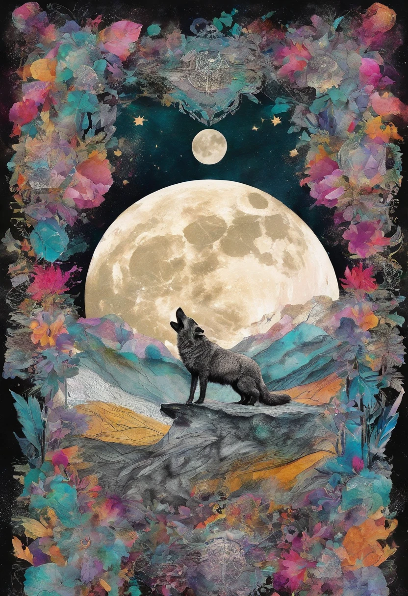 un loup hurlant lune ::2 colorful ink painting ::2 art fantasy