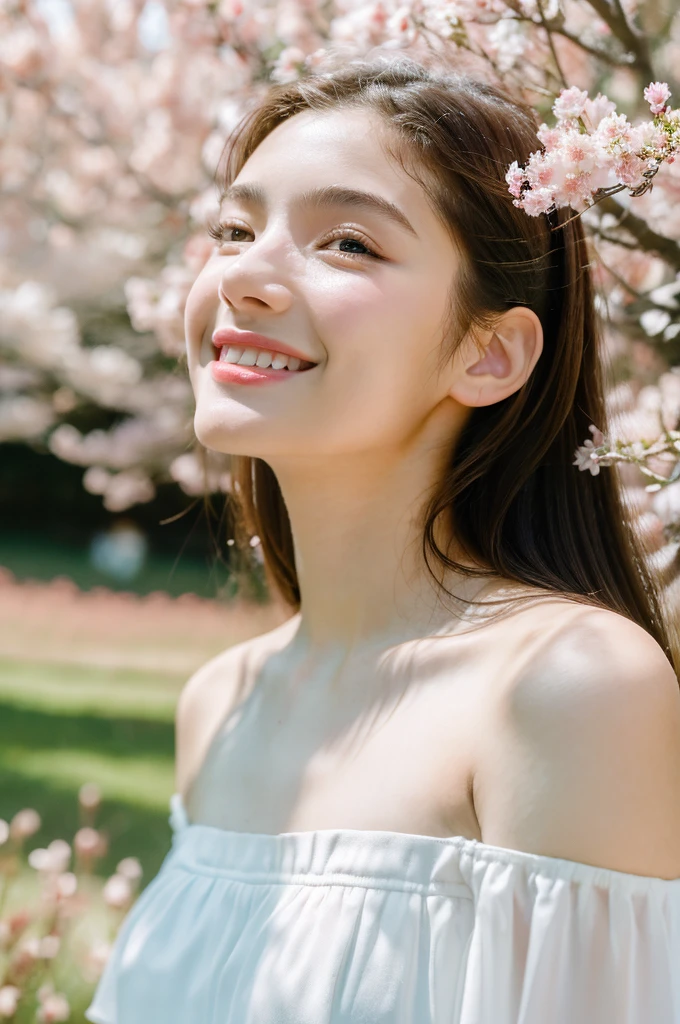 ( masterpiece, top quality, best quality,8k,17 years old girl,ultra detailed,raw photo:1.5),(photorealistic:1.4),(cinematic lighting), PerfectNwsjMajic, , Surrealism, UHD, ccurate, Super detail, textured skin, High detail, Best quality, dynamic angle, (high nose,White skin),[Beautiful blue eyes],[flat chest:large breasts:0.5],(1girl),(good anatomy:0.5)), white dress, off shoulder, blossom flower field, glowing skin, light smile