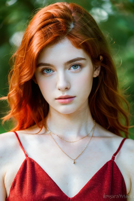 ( masterpiece, top quality, best quality,8k,17 years old girl,ultra detailed,raw photo:1.5),(photorealistic:1.4), (red hair:1.5), (cinematic lighting), PerfectNwsjMajic, , Surrealism, UHD, ccurate, Super detail, textured skin, High detail, Best quality, dynamic angle, (high nose,White skin),[Beautiful blue eyes],[flat chest:large breasts:0.5],(1girl),(good anatomy:0.5)),(outside:1.5), Necklaces,