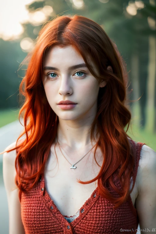( masterpiece, top quality, best quality,8k,17 years old girl,ultra detailed,raw photo:1.5),(photorealistic:1.4), (red hair:1.5), (cinematic lighting), PerfectNwsjMajic, , Surrealism, UHD, ccurate, Super detail, textured skin, High detail, Best quality, dynamic angle, (high nose,White skin),[Beautiful blue eyes],[flat chest:large breasts:0.5],(1girl),(good anatomy:0.5)),(outside:1.5), Necklaces,